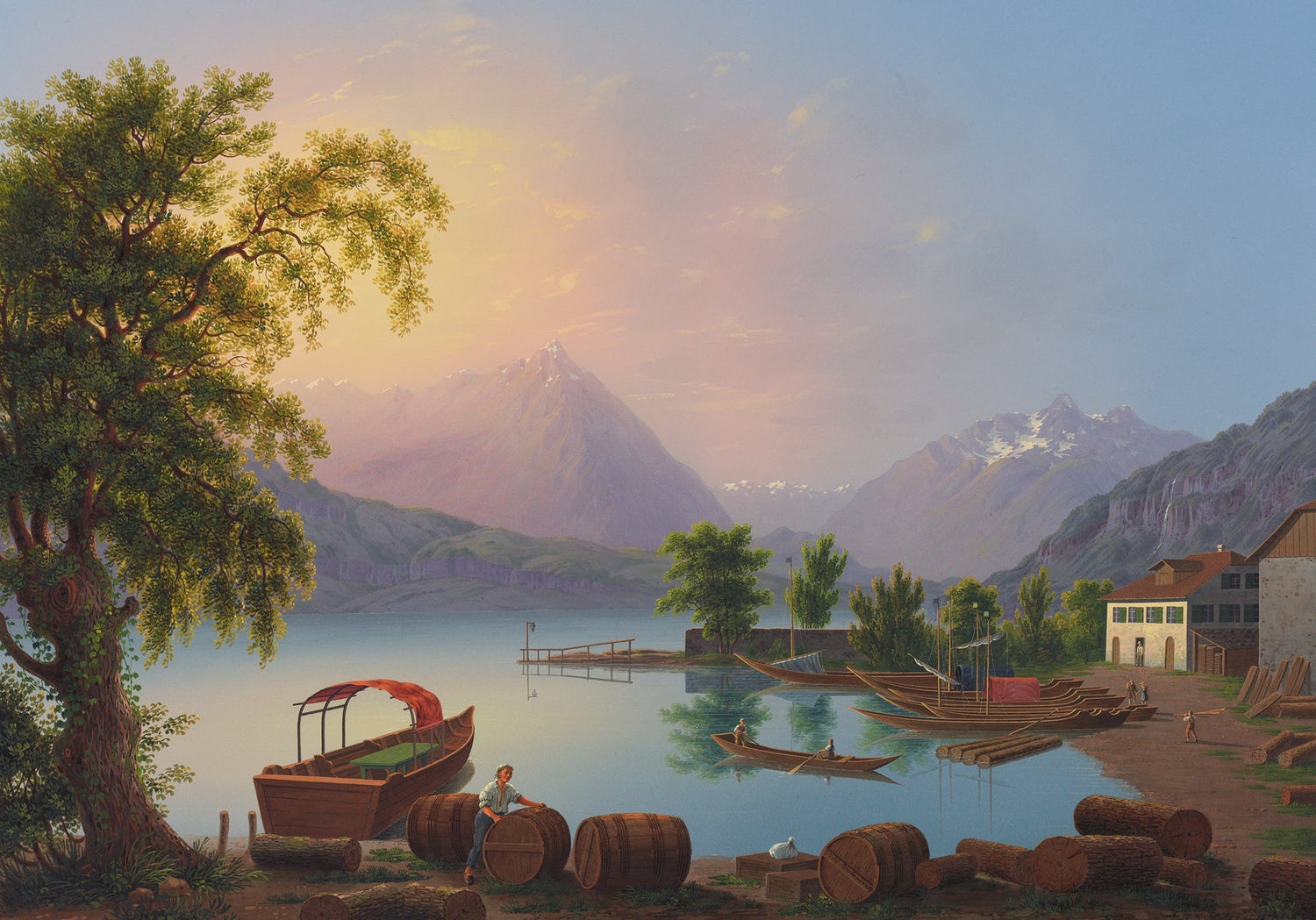 Hand-painted alpine lake harbor and mountain glow landscape oil painting on canvas