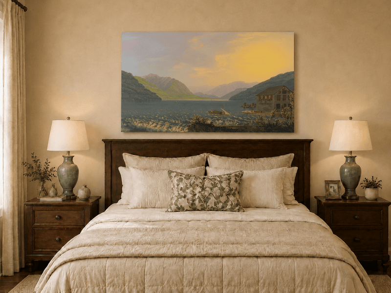 Landscape Oil Painting - Alpine Lake House at Golden Sunset