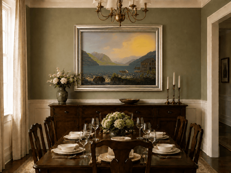 Landscape Oil Painting - Alpine Lake House at Golden Sunset
