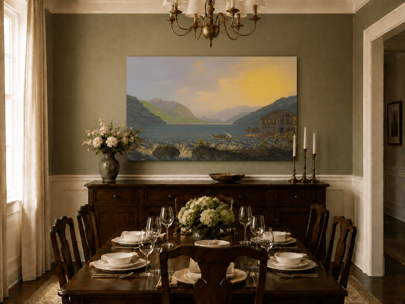 Landscape Oil Painting - Alpine Lake House at Golden Sunset