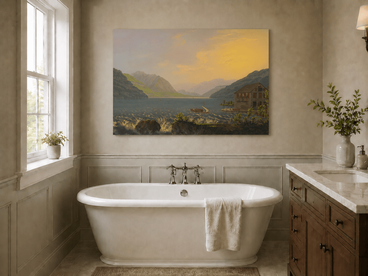 Landscape Oil Painting - Alpine Lake House at Golden Sunset