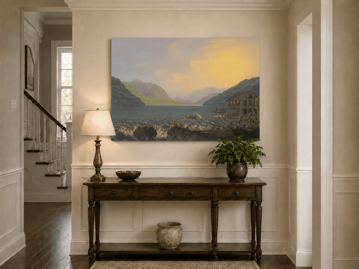 Landscape Oil Painting - Alpine Lake House at Golden Sunset