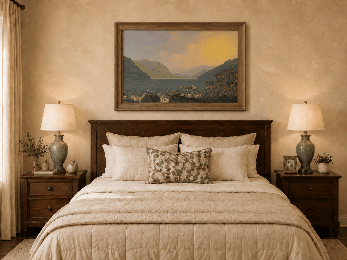 Landscape Oil Painting - Alpine Lake House at Golden Sunset