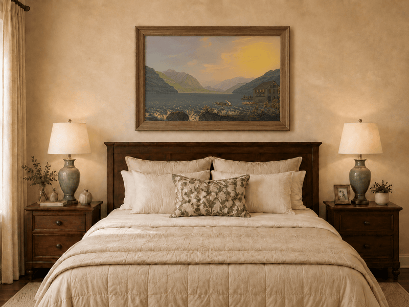 Landscape Oil Painting - Alpine Lake House at Golden Sunset