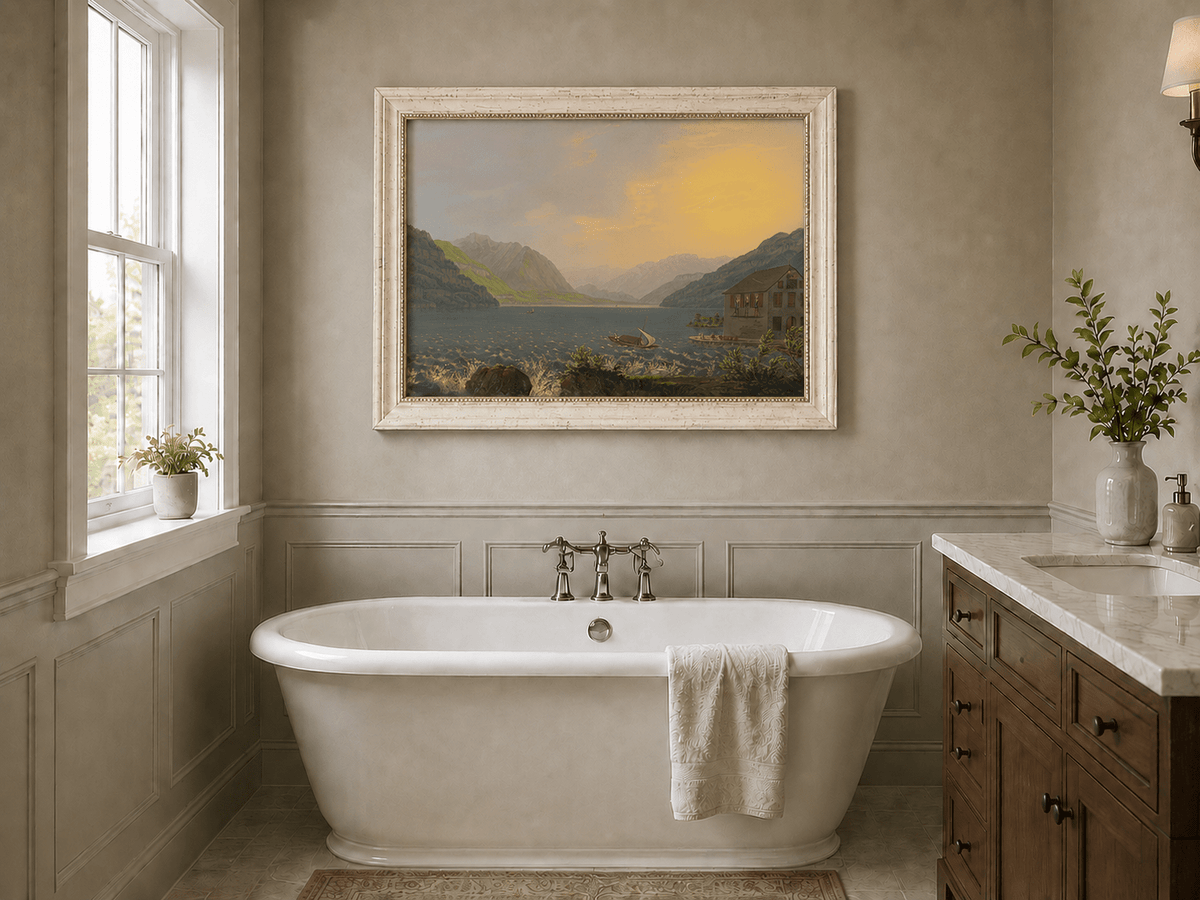 Landscape Oil Painting - Alpine Lake House at Golden Sunset