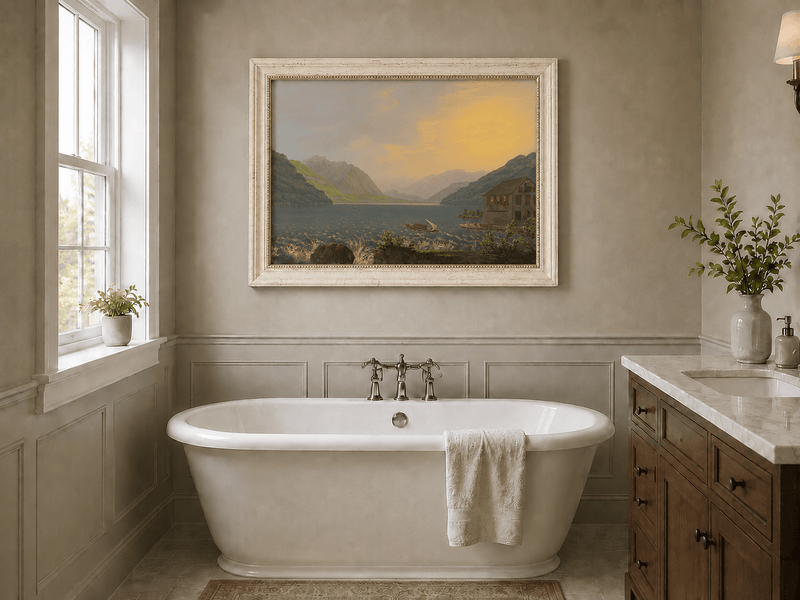 Landscape Oil Painting - Alpine Lake House at Golden Sunset