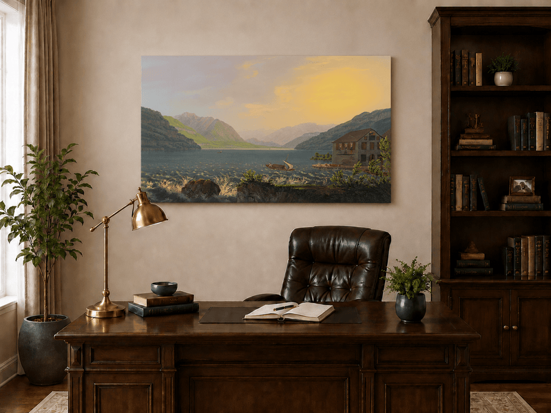 Landscape Oil Painting - Alpine Lake House at Golden Sunset