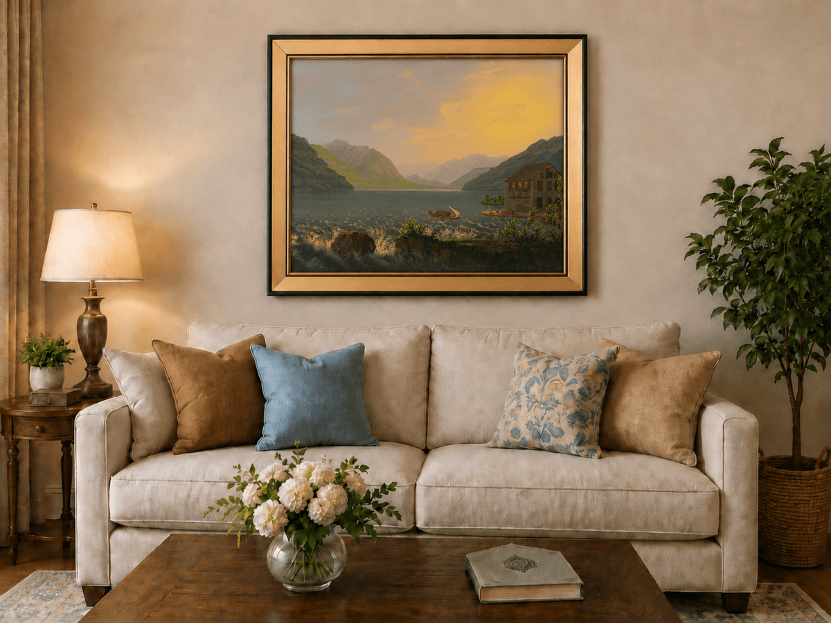 Landscape Oil Painting - Alpine Lake House at Golden Sunset