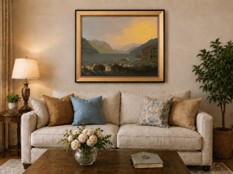 Landscape Oil Painting - Alpine Lake House at Golden Sunset