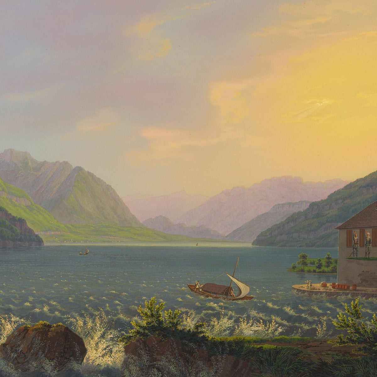Landscape Oil Painting - Alpine Lake House at Golden Sunset - Oil Painting Haven