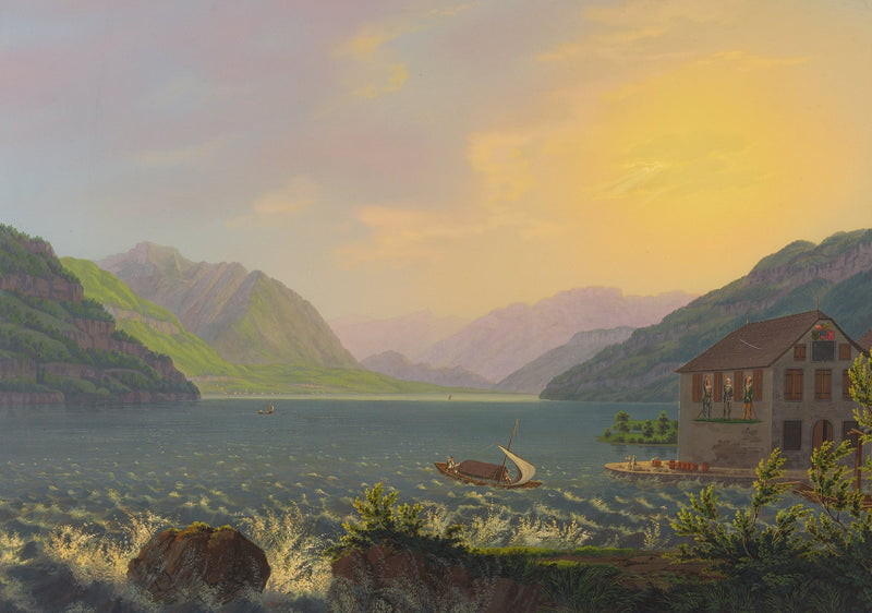Landscape Oil Painting - Alpine Lake House at Golden Sunset - Oil Painting Haven