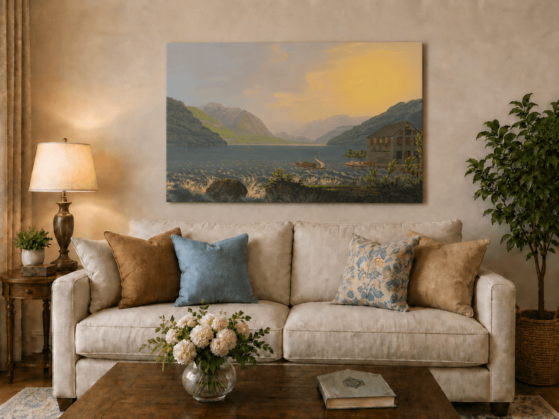 Landscape Oil Painting - Alpine Lake House at Golden Sunset