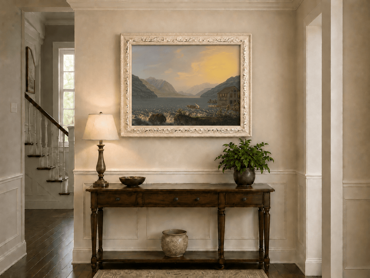 Landscape Oil Painting - Alpine Lake House at Golden Sunset
