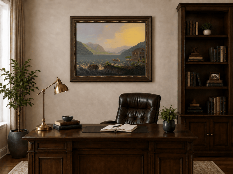 Landscape Oil Painting - Alpine Lake House at Golden Sunset