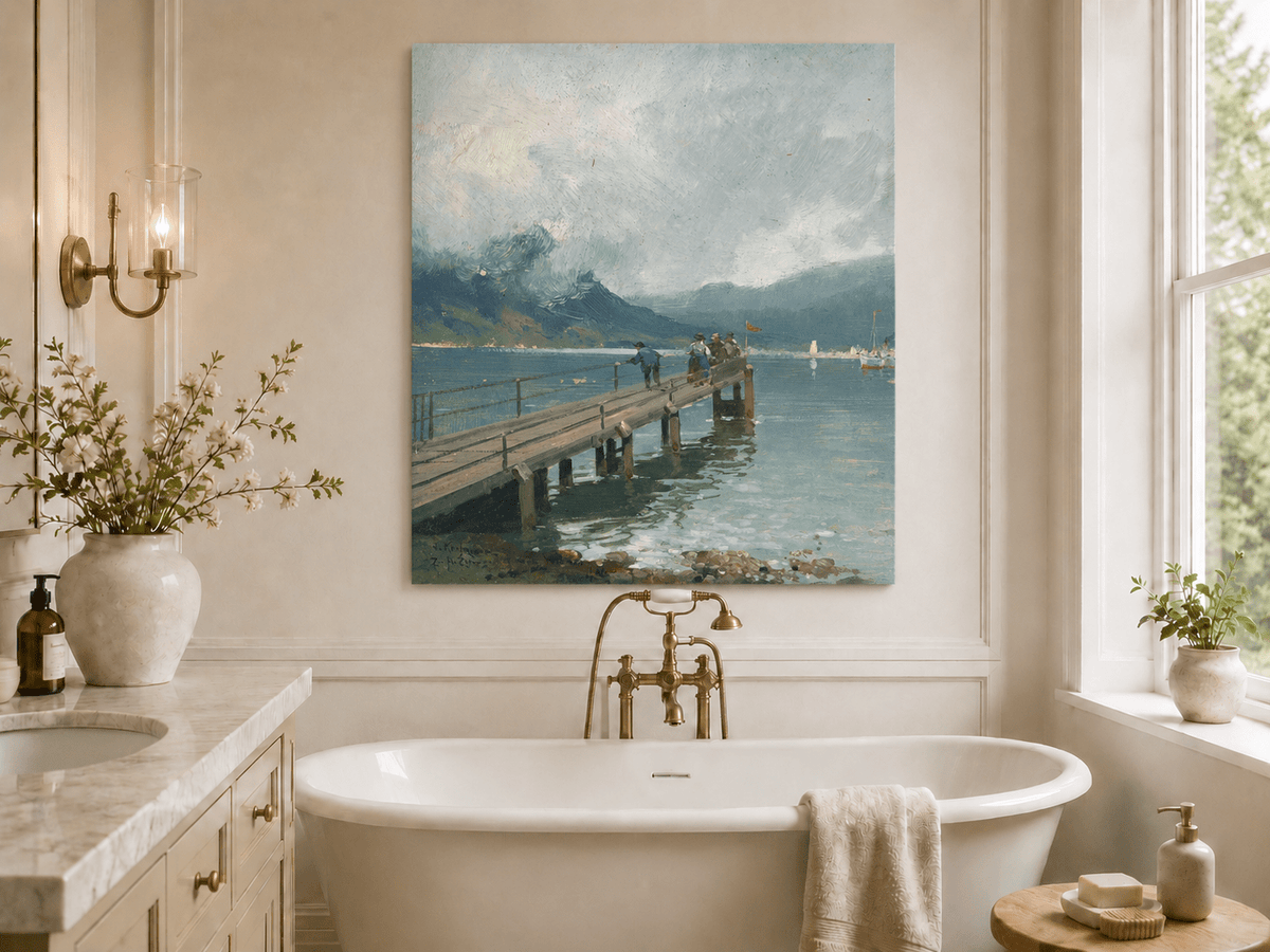 Alpine lake pier with figures and boats landscape oil painting presented as home decor in a styled interior.