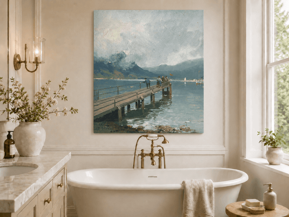 Alpine lake pier with figures and boats landscape oil painting presented as home decor in a styled interior.
