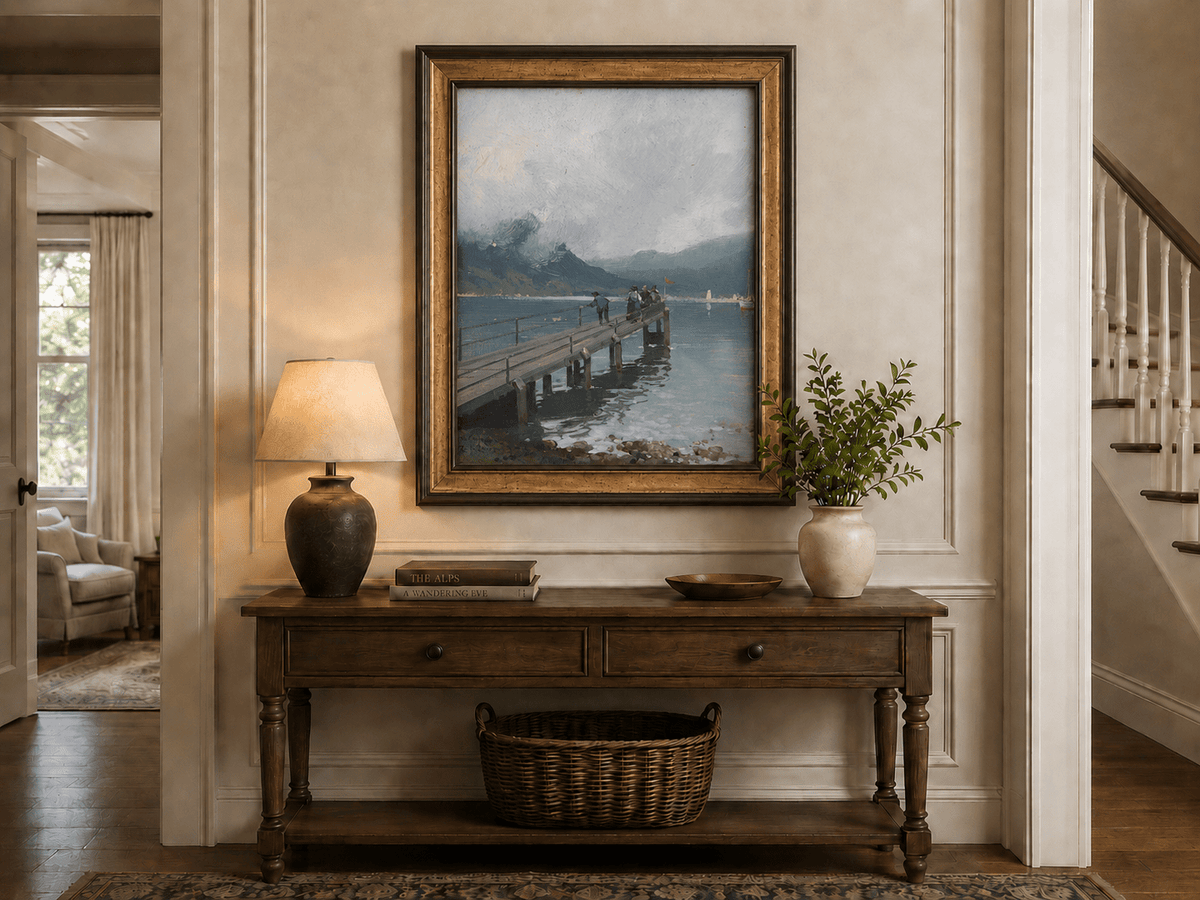 Alpine lake pier with figures and boats hand-painted landscape oil artwork shown as wall decor in a home interior.