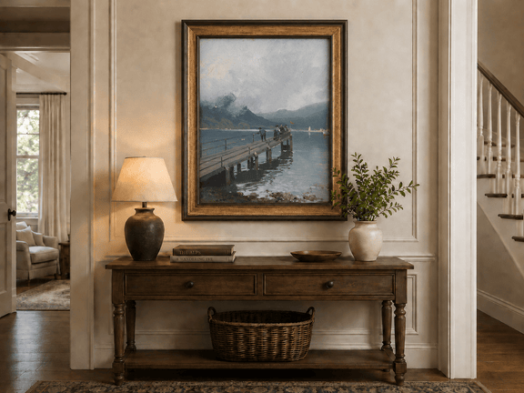 Alpine lake pier with figures and boats hand-painted landscape oil artwork shown as wall decor in a home interior.