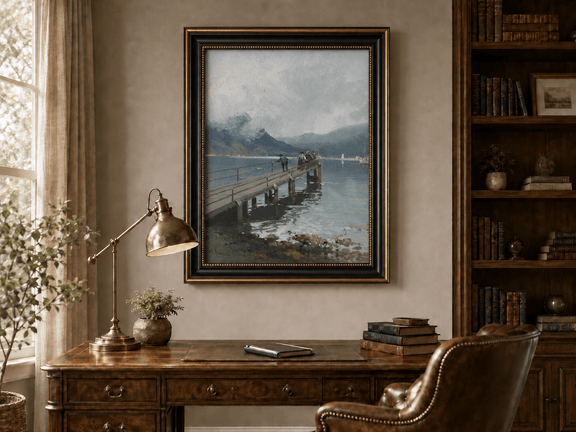 Alpine lake pier with figures and boats landscape oil painting presented in a styled interior wall art mockup.