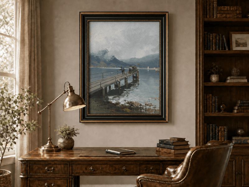 Alpine lake pier with figures and boats landscape oil painting presented in a styled interior wall art mockup.