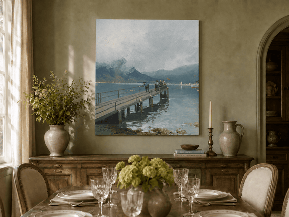 Hand-painted alpine lake pier with figures and boats landscape artwork shown in an interior wall display.