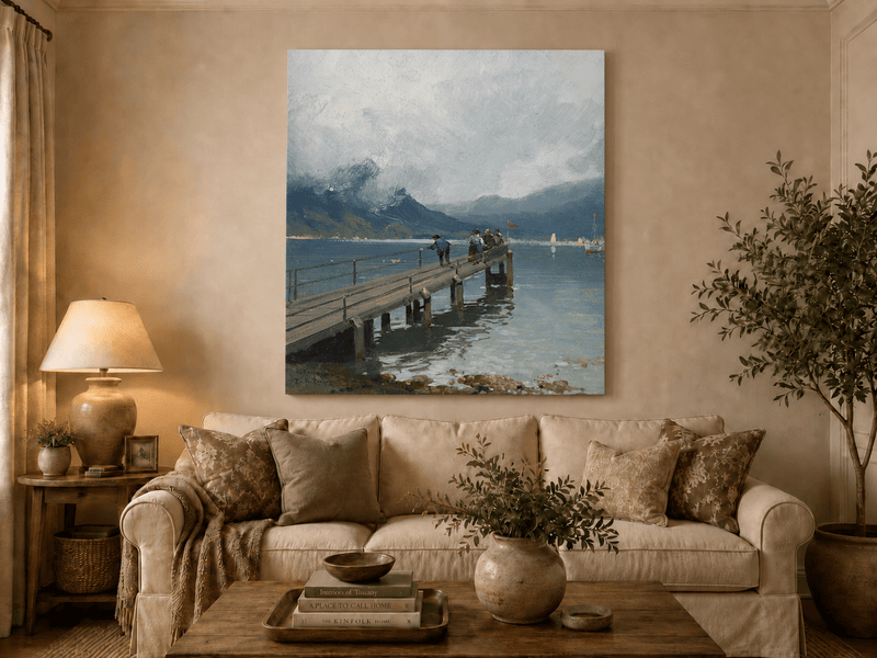 Alpine lake pier with figures and boats hand-painted oil artwork displayed in a second styled interior wall art view.