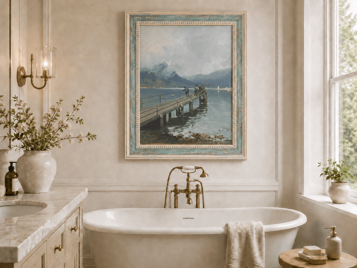 Alpine lake pier with figures and boats landscape oil painting presented as home wall decor in an interior setting.