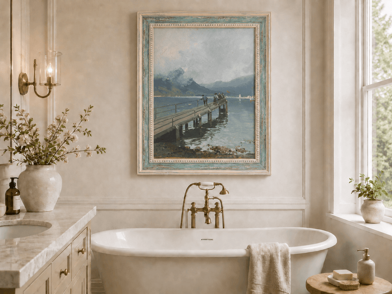 Alpine lake pier with figures and boats landscape oil painting presented as home wall decor in an interior setting.
