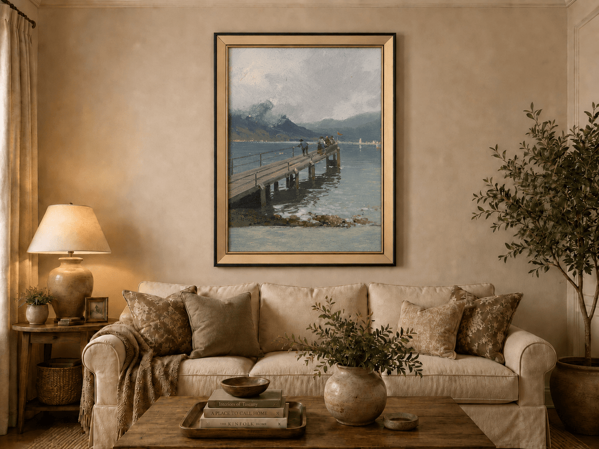 Alpine lake pier with figures and boats landscape oil painting displayed in a styled home interior wall art setting.