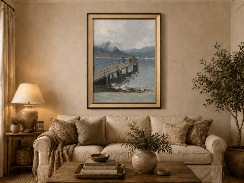 Alpine lake pier with figures and boats landscape oil painting displayed in a styled home interior wall art setting.