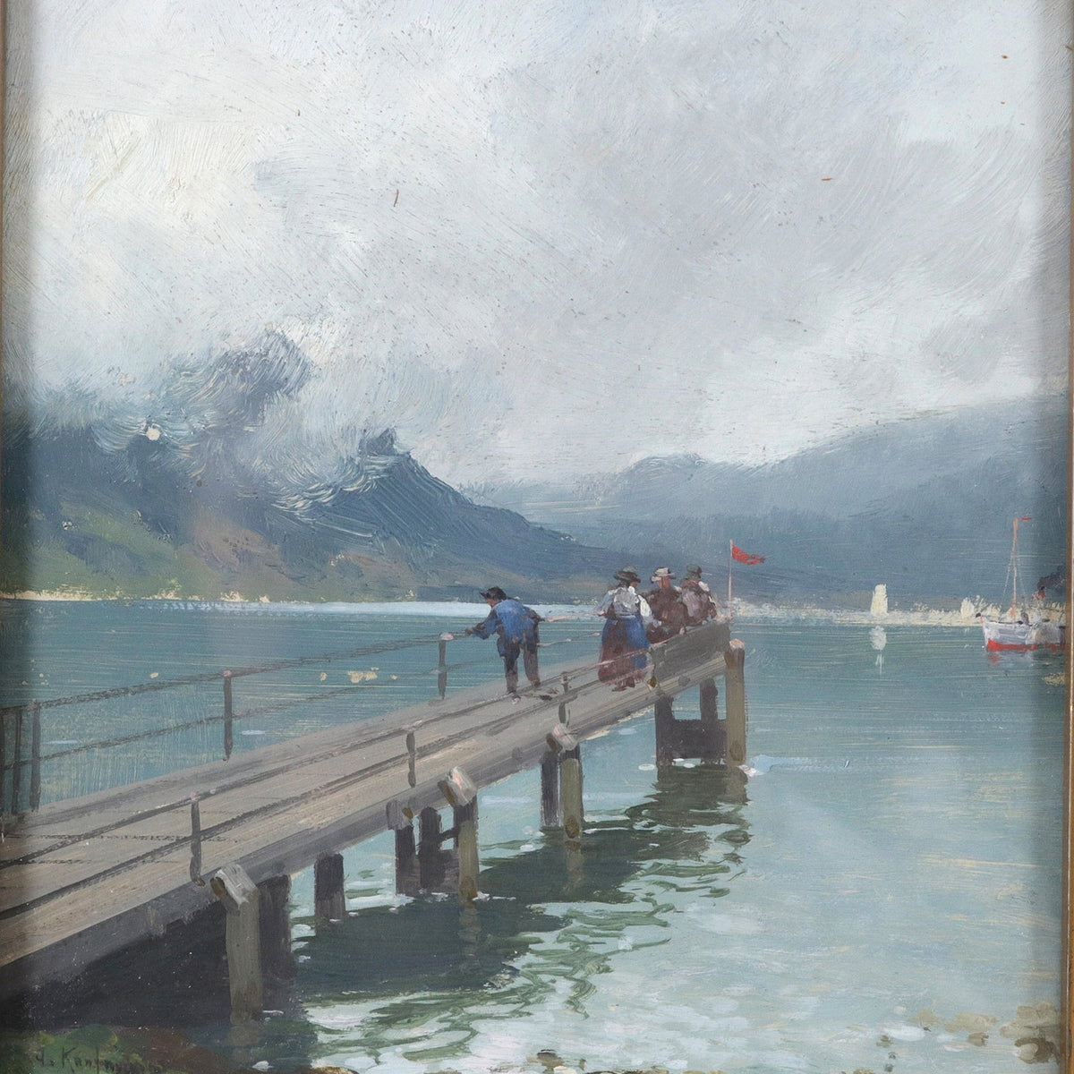 Hand-painted alpine lake pier with figures and boats landscape oil painting on canvas