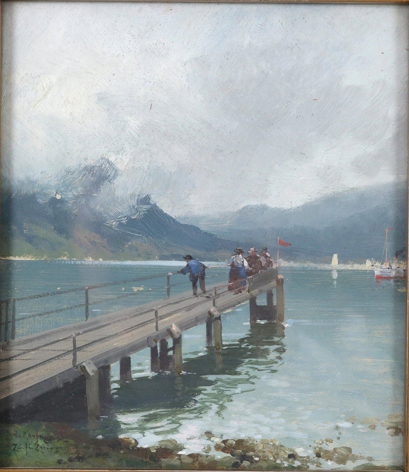 Hand-painted alpine lake pier with figures and boats landscape oil painting on canvas