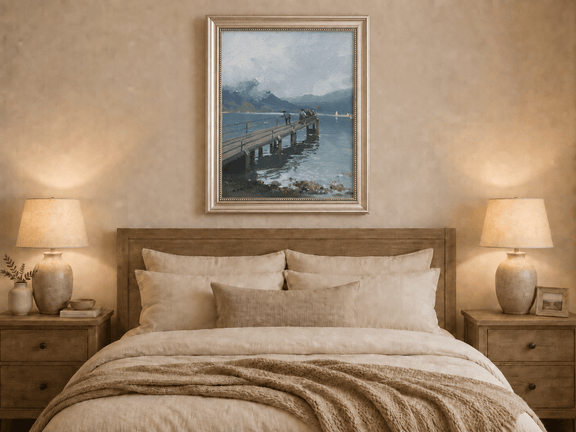 Hand-painted alpine lake pier with figures and boats landscape oil painting displayed as decorative wall art.