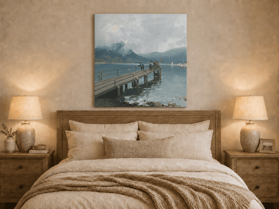 Alpine lake pier with figures and boats oil painting displayed as landscape wall decor in a styled room.
