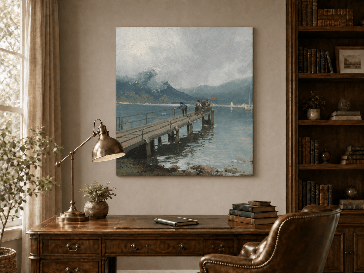 Interior wall art view featuring a hand-painted alpine lake pier with figures and boats landscape oil painting.
