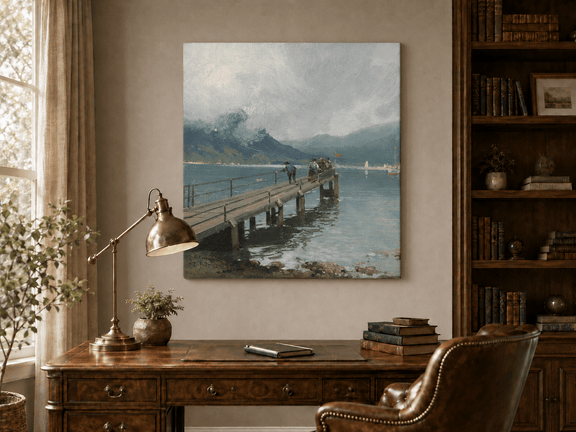 Interior wall art view featuring a hand-painted alpine lake pier with figures and boats landscape oil painting.