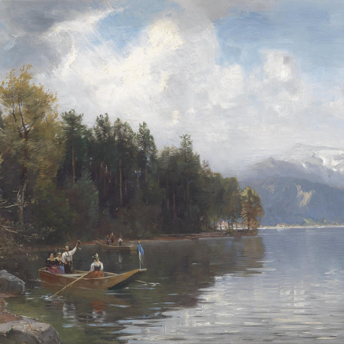 Hand-painted alpine lake rowboat and forest view landscape oil painting on canvas