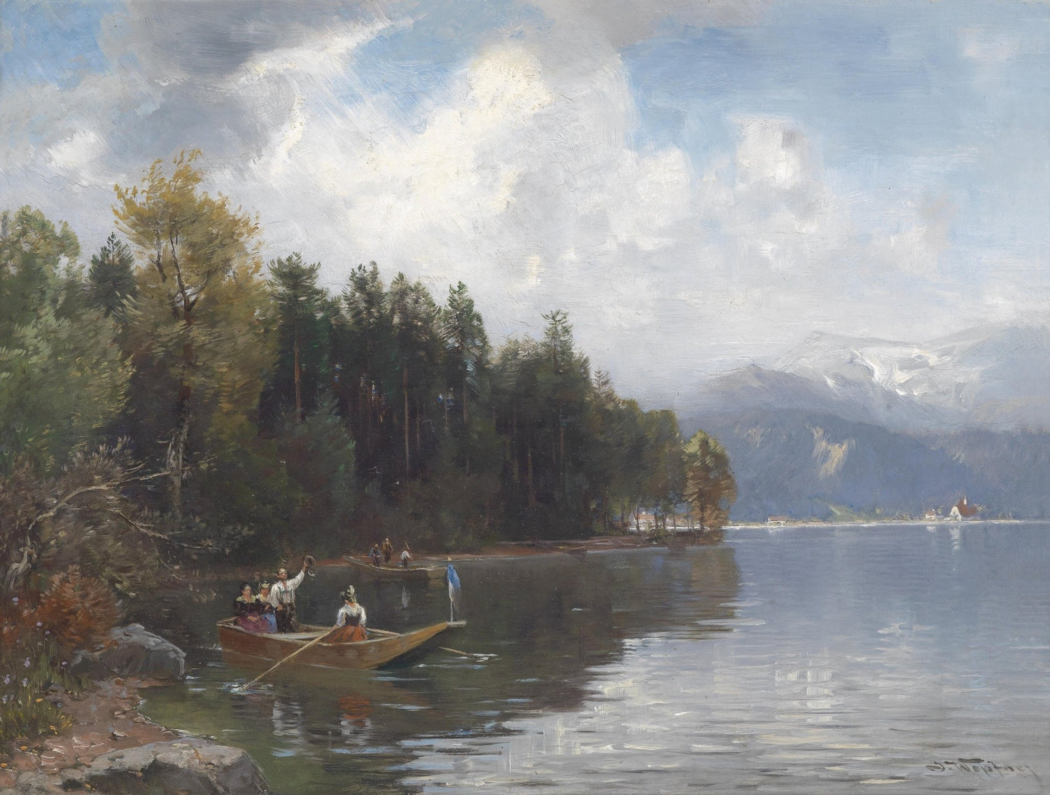 Hand-painted alpine lake rowboat and forest view landscape oil painting on canvas