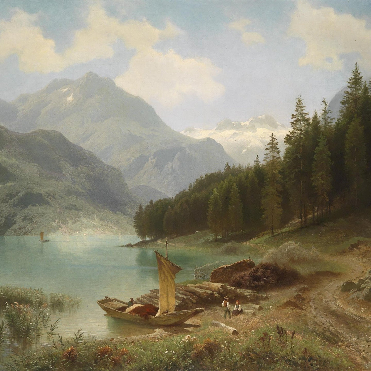 Landscape Oil Painting - Alpine Lake, Sailboat, Figures & Snow Peaks - Oil Painting Haven