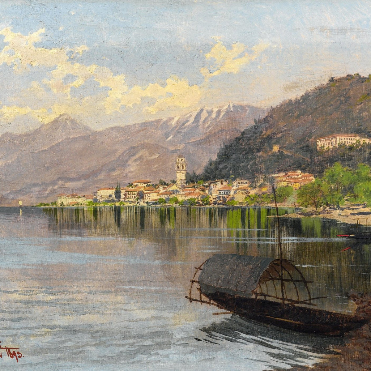 Landscape Oil Painting - Alpine lake shore townscape & bell tower - Oil Painting Haven