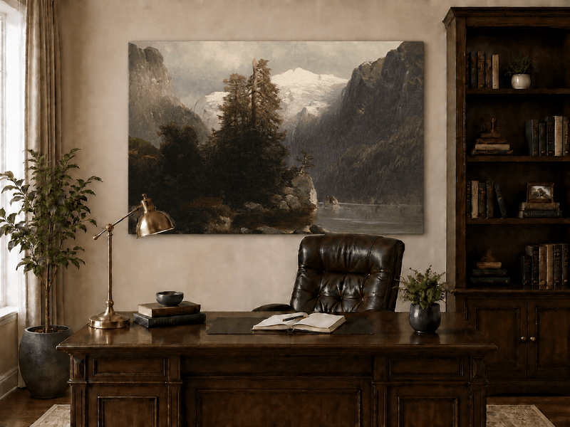 Landscape Oil Painting - Alpine Lake, Snow-Capped Peaks, Forest