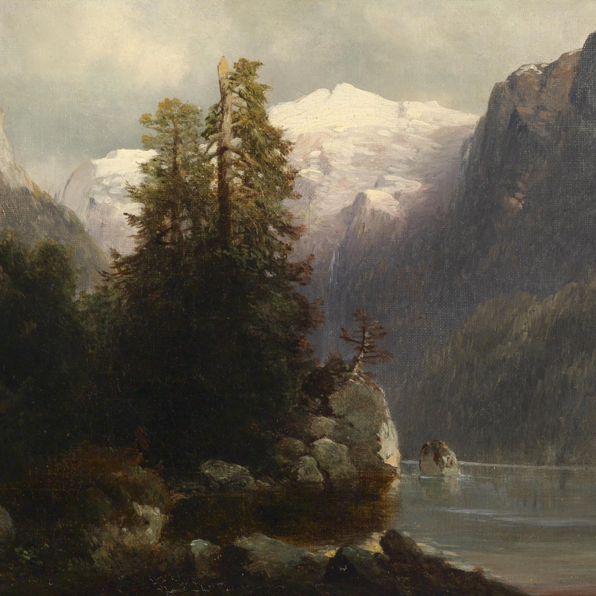 Landscape Oil Painting - Alpine Lake, Snow - Capped Peaks, Forest - Oil Painting Haven