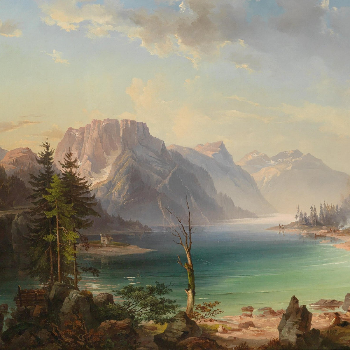 Landscape Oil Painting - Alpine lake turquoise waters & rocky peaks - Oil Painting Haven