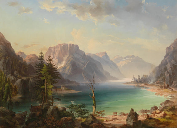 Landscape Oil Painting - Alpine lake turquoise waters & rocky peaks - Oil Painting Haven