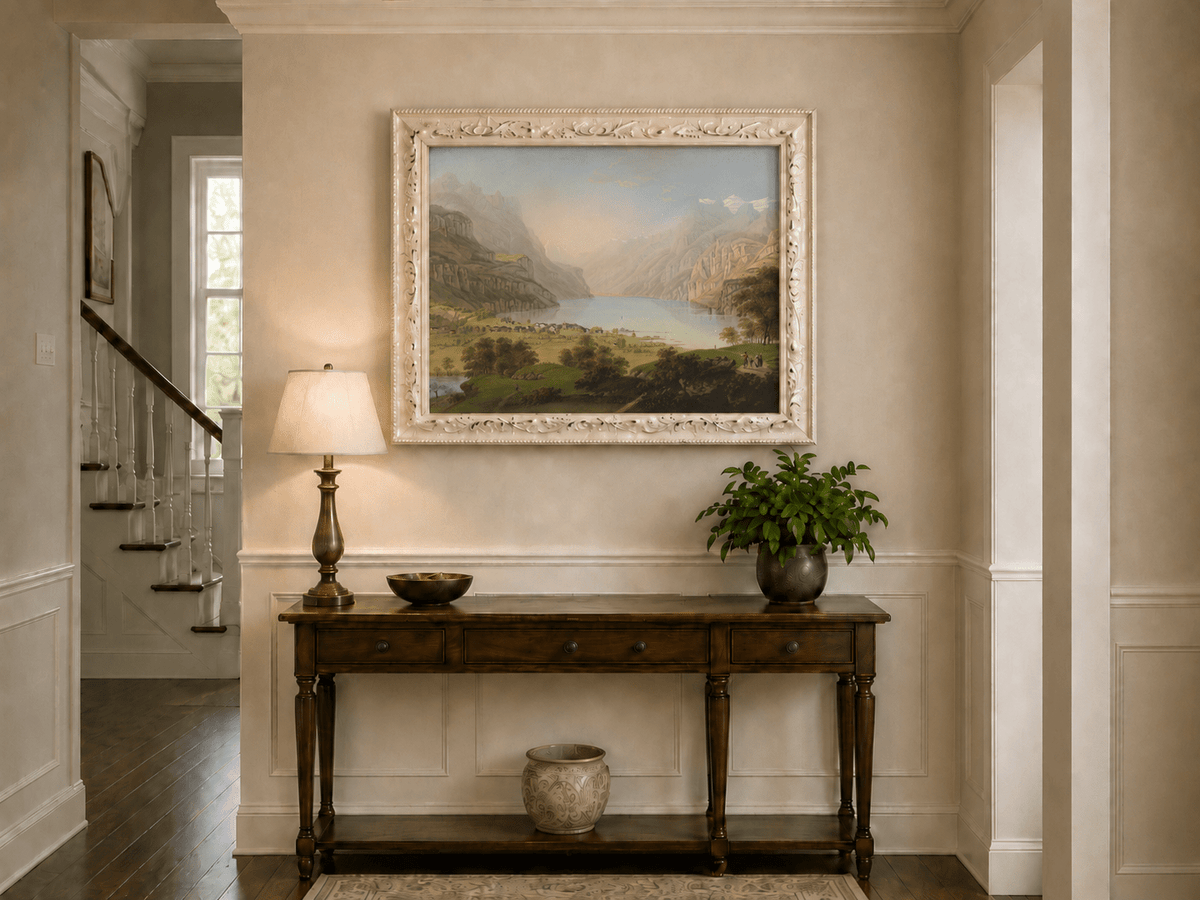 Landscape Oil Painting - Alpine Lake Valley and Village Panorama