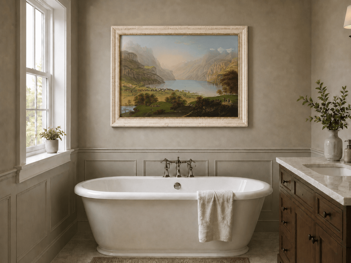 Landscape Oil Painting - Alpine Lake Valley and Village Panorama