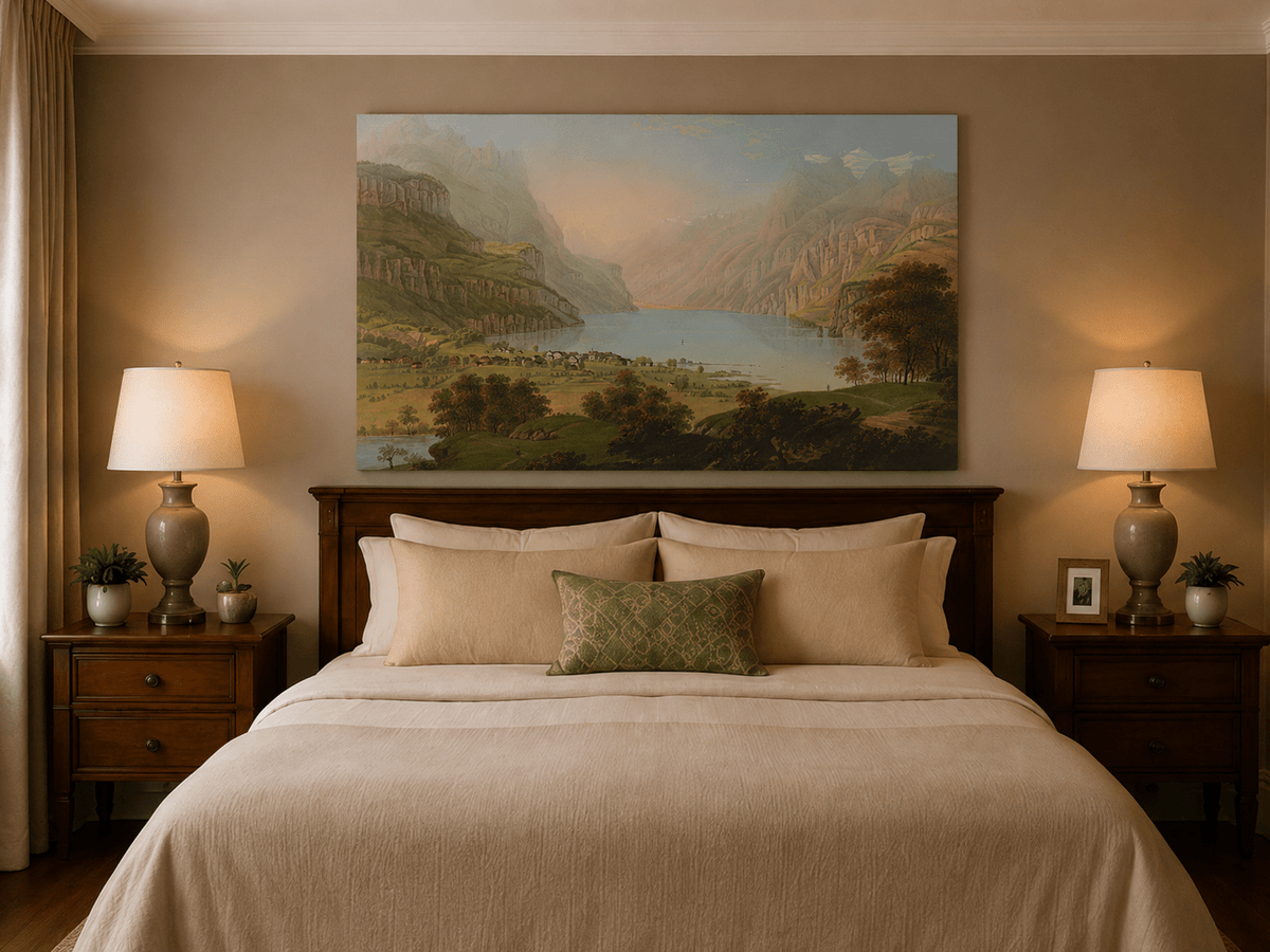 Landscape Oil Painting - Alpine Lake Valley and Village Panorama