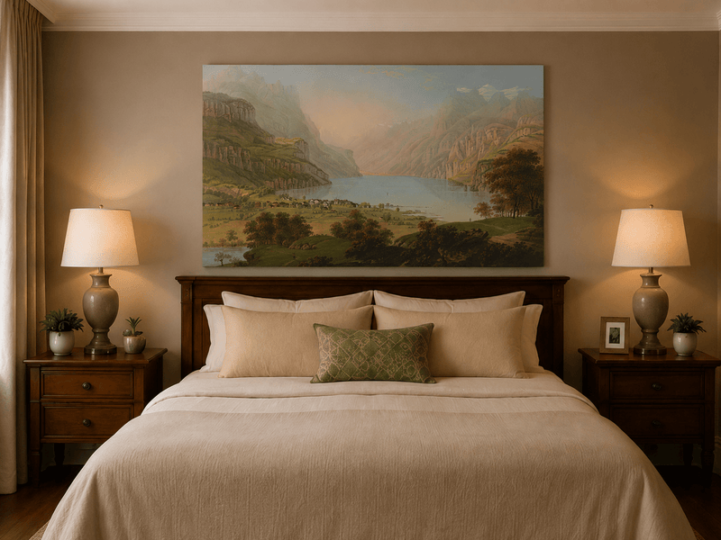 Landscape Oil Painting - Alpine Lake Valley and Village Panorama