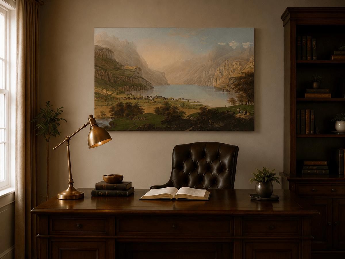 Landscape Oil Painting - Alpine Lake Valley and Village Panorama