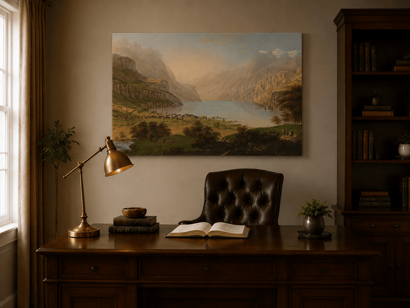 Landscape Oil Painting - Alpine Lake Valley and Village Panorama